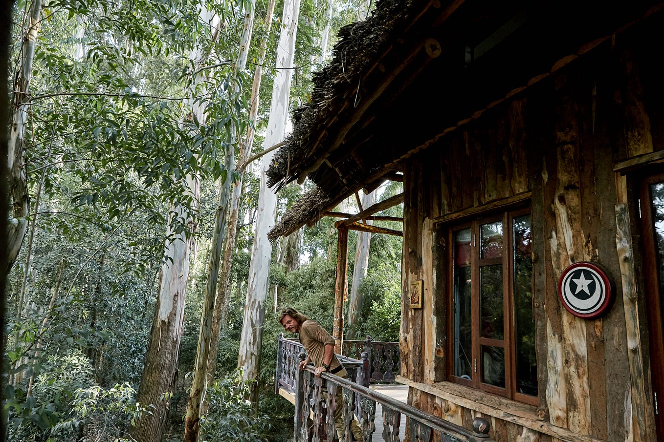 A person leans over the edge of a balcony. In the background are trees.