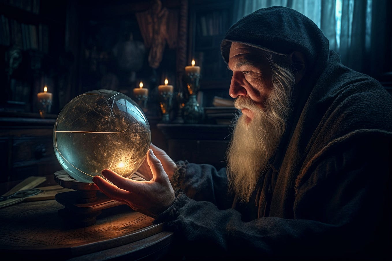 An old wizard staring into a futuristic crystal ball