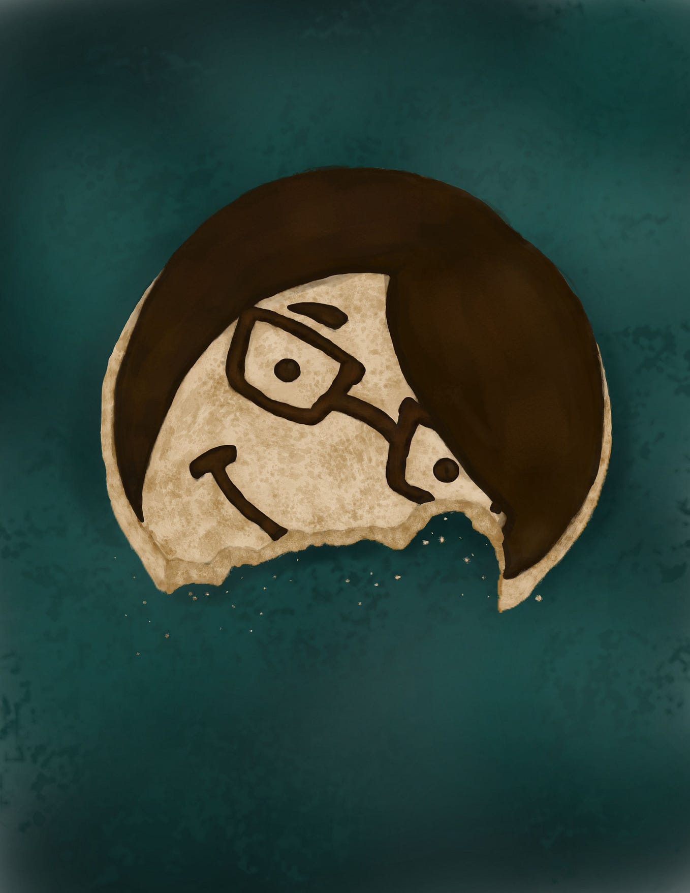 A digital painting of a round houjicha shortbread cookie, which has been partially bitten on the bottom-right edge.  Dark chocolate is piped on top of the cookie to form a bob-like haircut, glasses, and smiley face. The cookie is displayed against a deep teal background.
