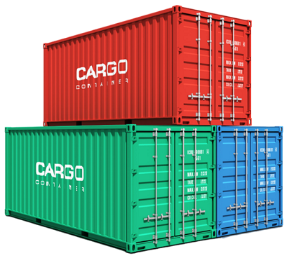Stack of three shipping containers of different colors