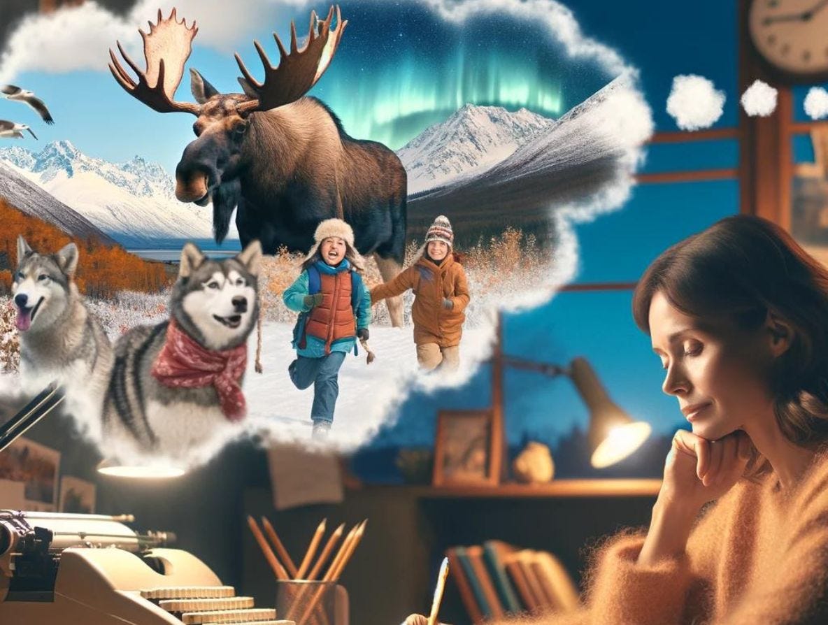 a.i. generated image of a writer imagining huskies, moose, children in Alaska