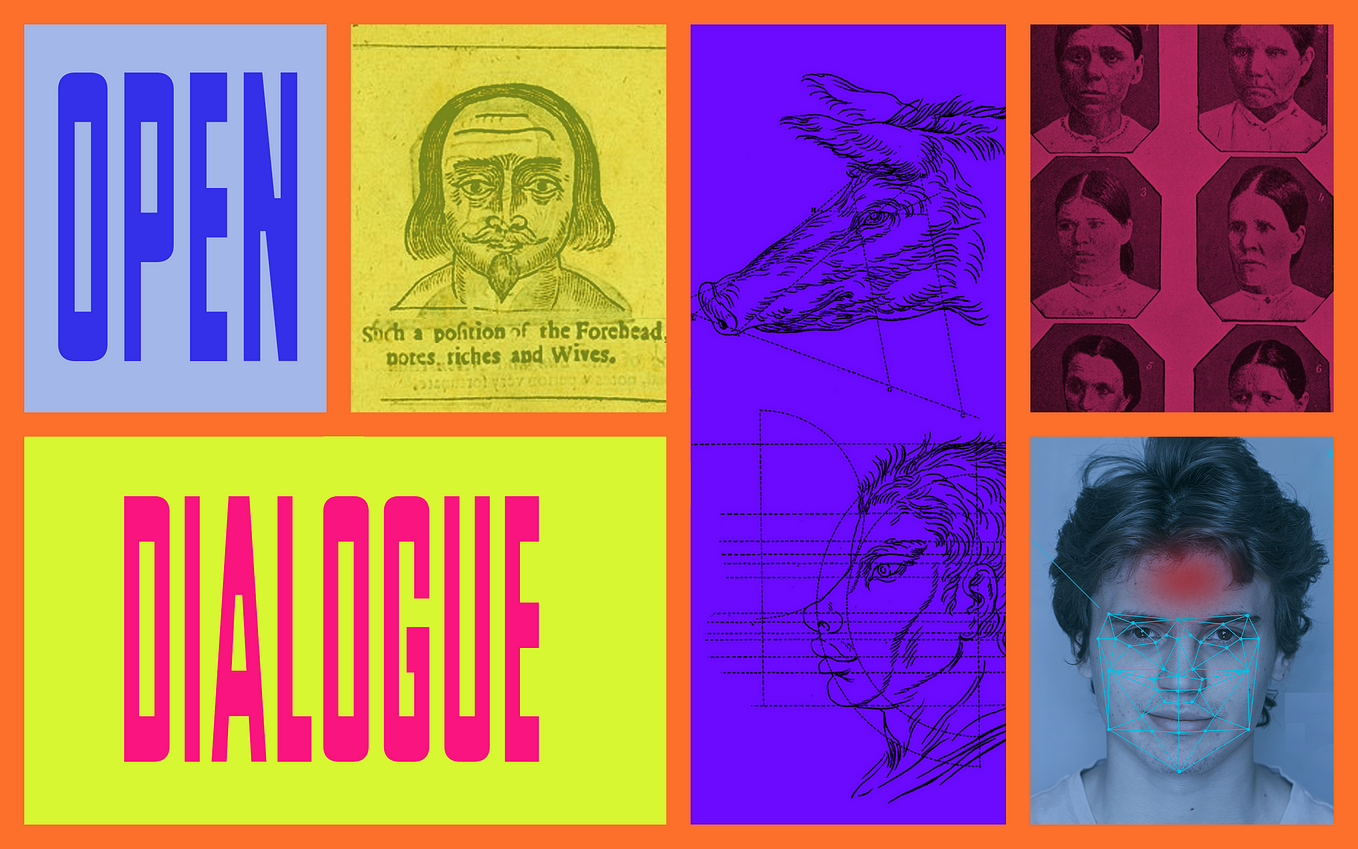 The graphic text “Open Dialogue” is framed around different sketches of human faces and emotions.