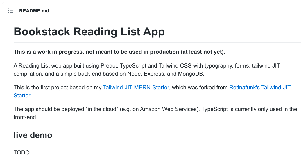 Screenshot: Bookstack Readling List App excerpt from README file on GitHub