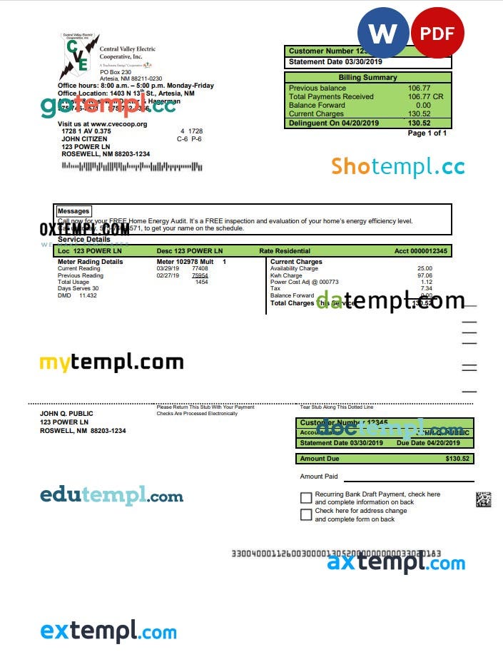 USA Nevada NV Energy utility bill, PDF and Word download template by