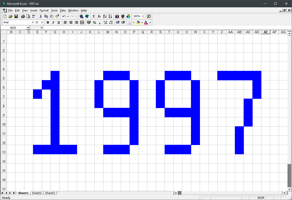 Screenshot of Excel 1997 with some cells fill in blue in to look like low-resolution text that says, 1997.