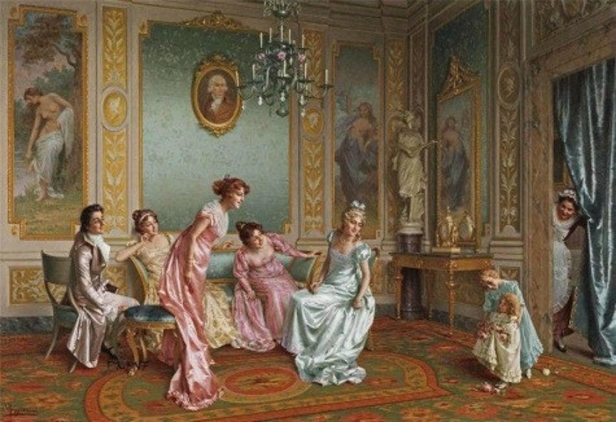 A mother and children in the sitting room during the Regency period