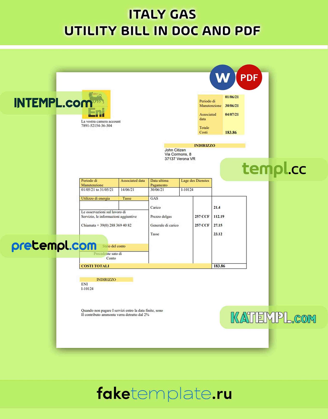 Italy Enel Energia utility bill template in Word and PDF format | by ...