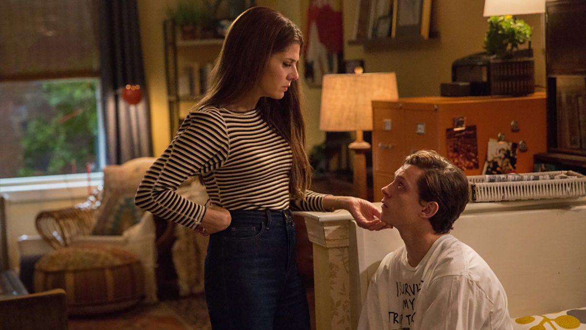 Aunt May (Marisa Tomei) comforts Peter Parker (Tom Holland). Credit: Sony Pictures.