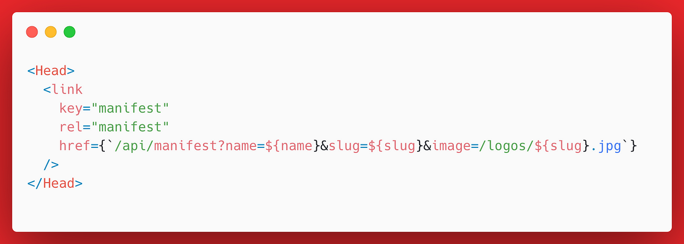 A HTML document head element, containing a scripts tag linking dynamic manifest.