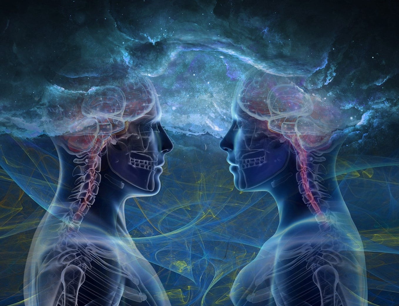 An illustration of a man and a woman face to face. It is like an xray with bluish wisps of smoke are swiring around them.