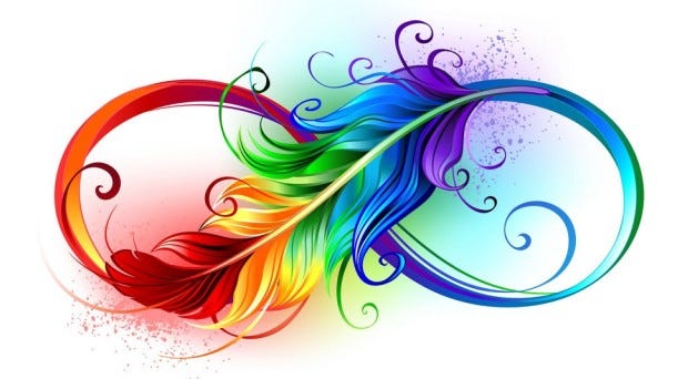 An image of the rainbow infinity loop neurodiversity symbol, in the form of a feather.
