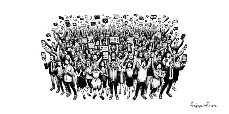 A crowd showing content on different devices
