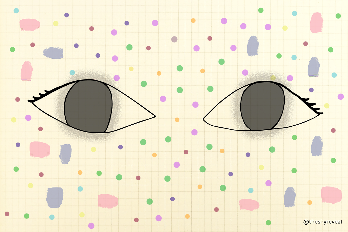 Dark eyes, around colorful dots