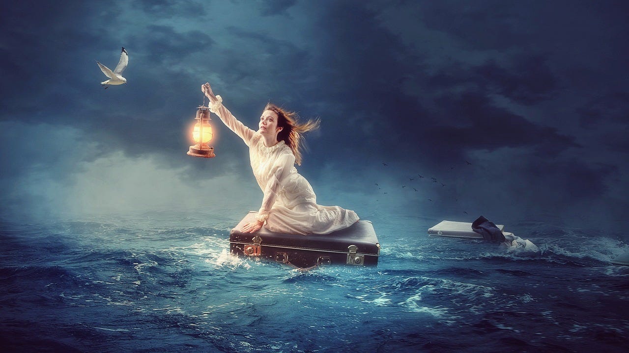 A lost girl riding her suitcase in a tormented sea, holding a lighted lantern high in front of her.