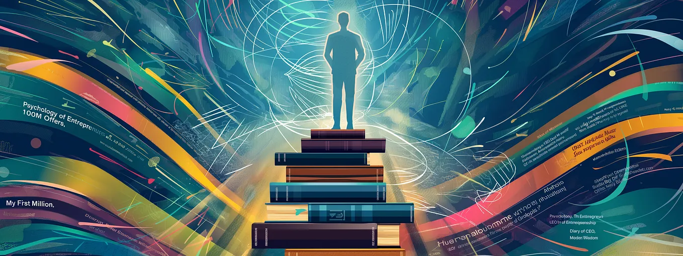 A surreal, symbolic image depicting the cultivation of an entrepreneurial mindset through influential books, podcasts, and other educational resources, represented by a central figure standing atop a stack of books radiating cosmic energy and empowering audio waveforms.