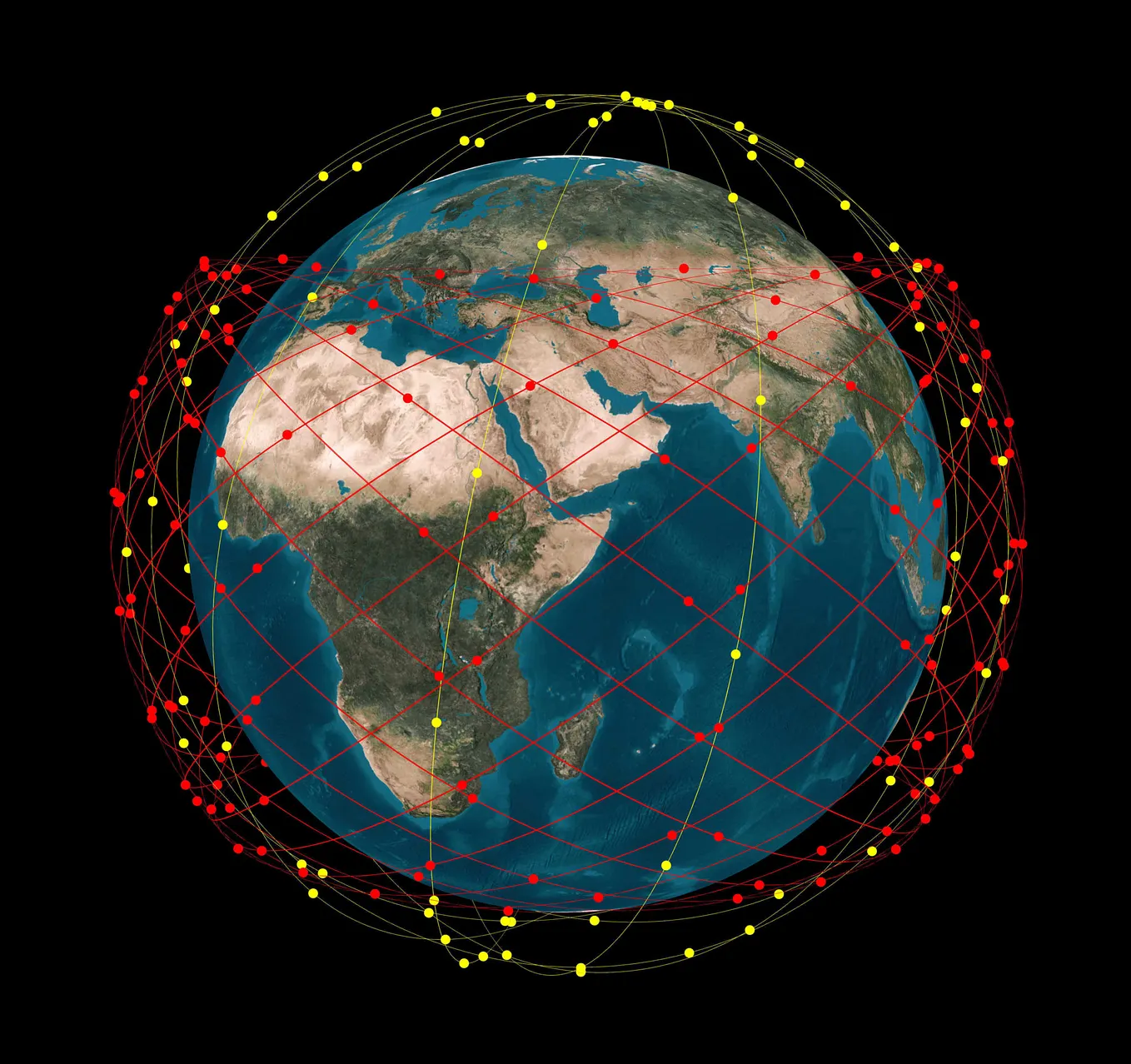 A satellite constellation encircling Earth, illustrating how orbital networks function as strategic infrastructure — Source.