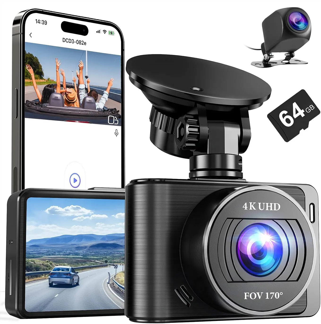 Dash Camera, 4K/1080p Dash Cam Front Rear Built-in WiFi, with 64GB SD Card, Full HD 2.0” IPS Screen Dash Camera for Cars with App Control, G-Sensor, Loop Recording, Parking Mode