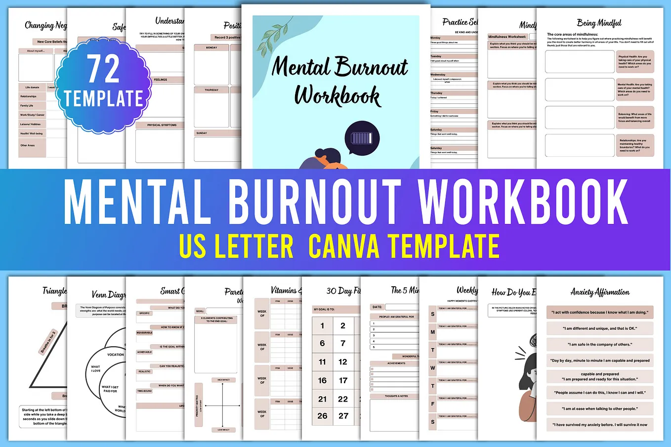 Mental Burnout Workbook Canva Templates Free