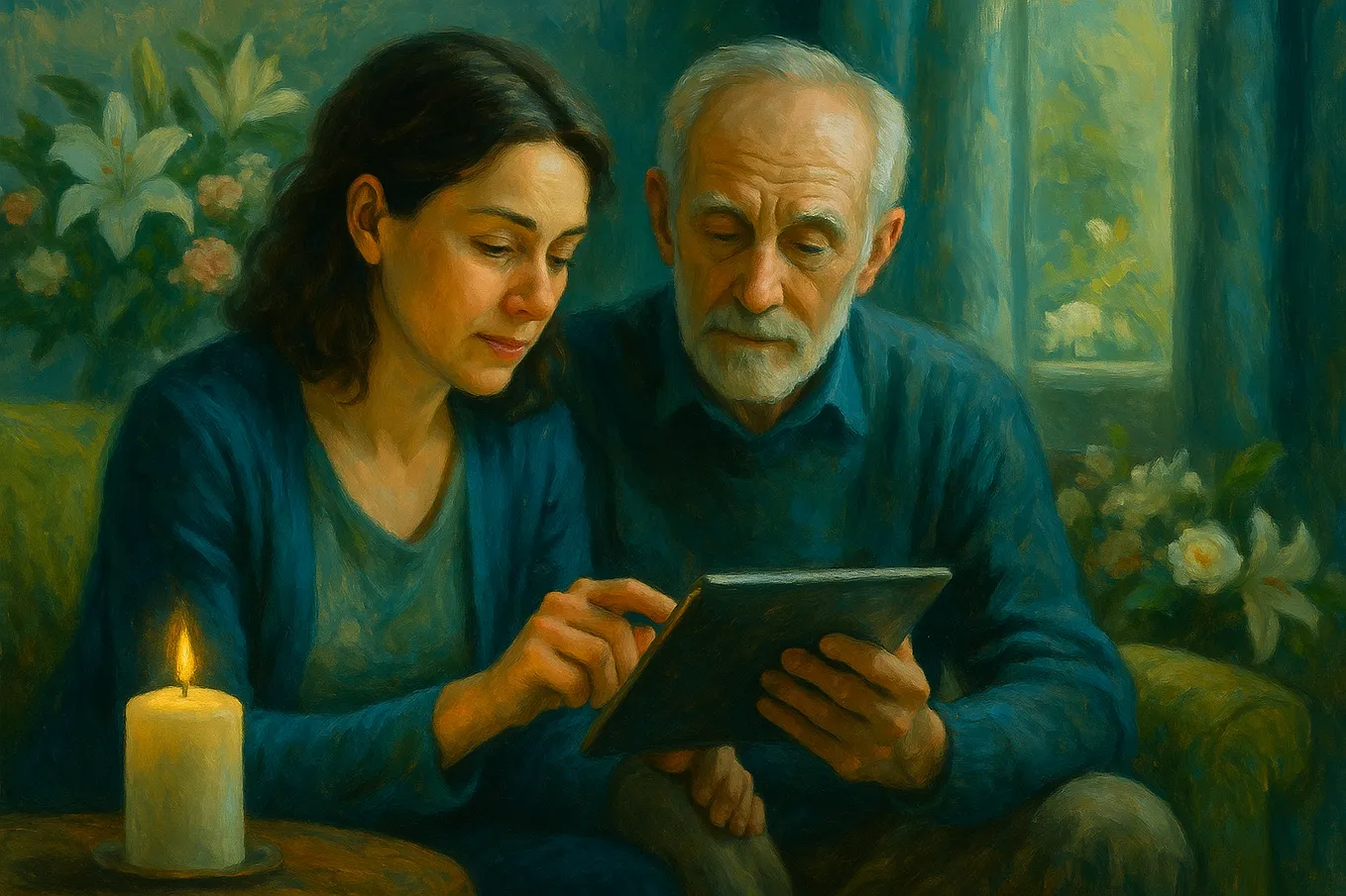 A softly lit, painterly scene of a younger woman and an older man sitting close together, gently focused on a tablet. A lit candle rests on the table beside them, and white lilies and soft blue tones suggest a quiet, reflective atmosphere — possibly planning or remembering a loved one.