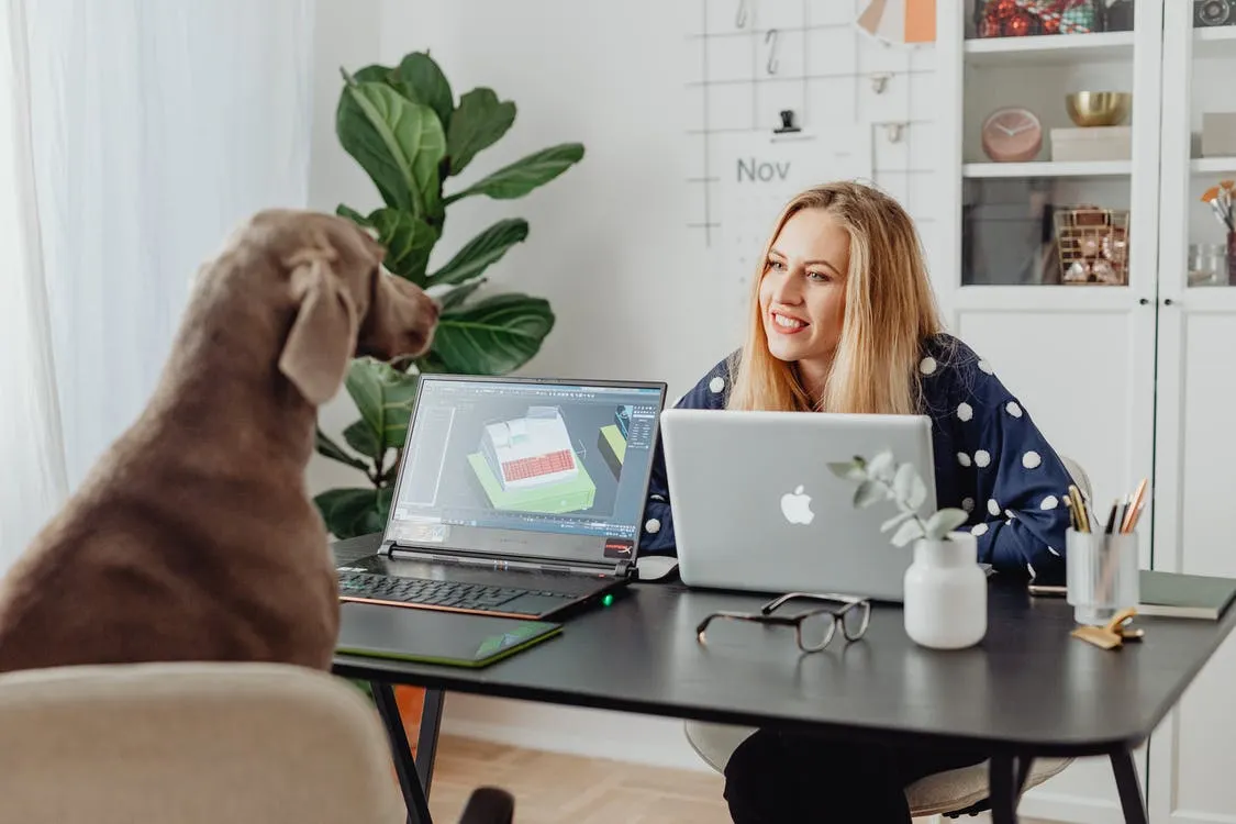 Woman with a computer talking to a dog sitting at a table with a computer.
