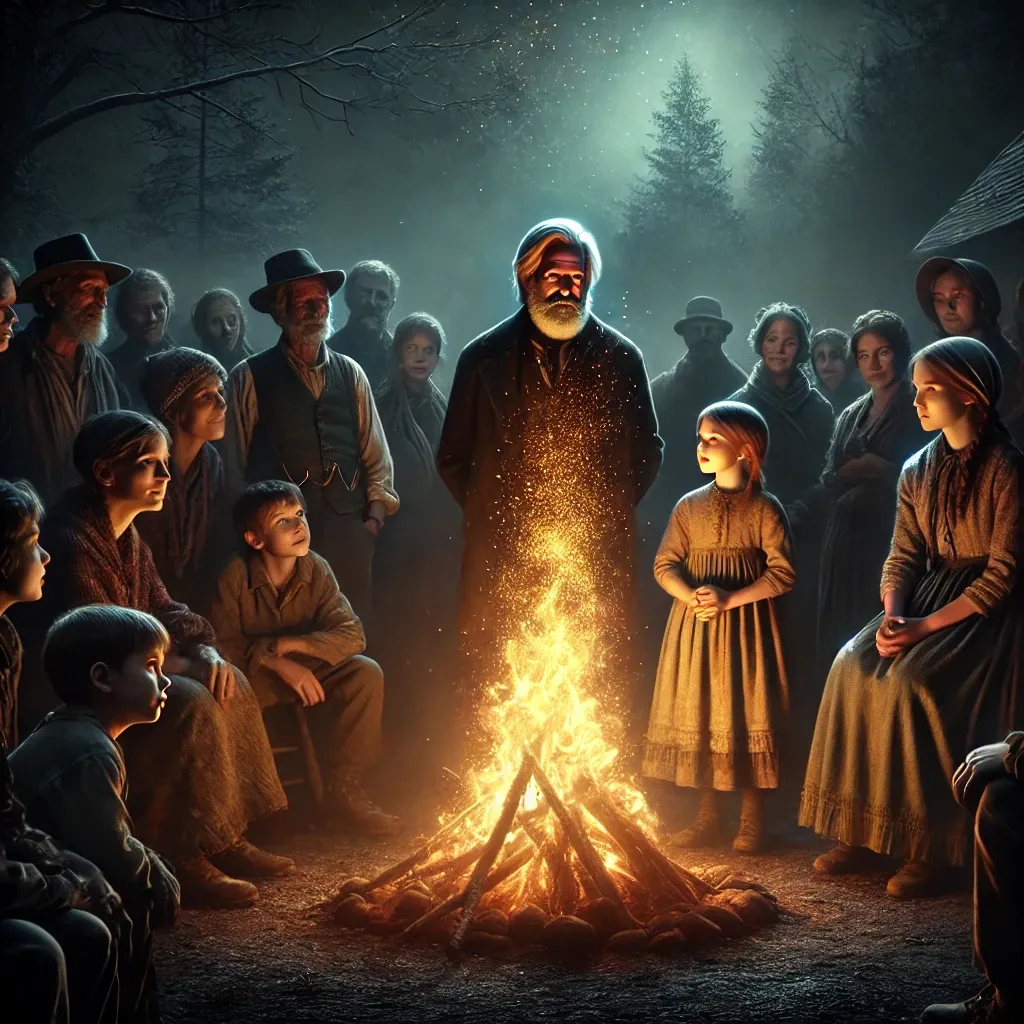 A village crowd stands around a gradually igniting bonfire at night. Nellie, a young girl with a serious expression, speaks to Old Stan, who listens intently. Villagers show mixed emotions as the flames grow, casting warm light on their faces, while the forest’s edge looms mysteriously in the background.