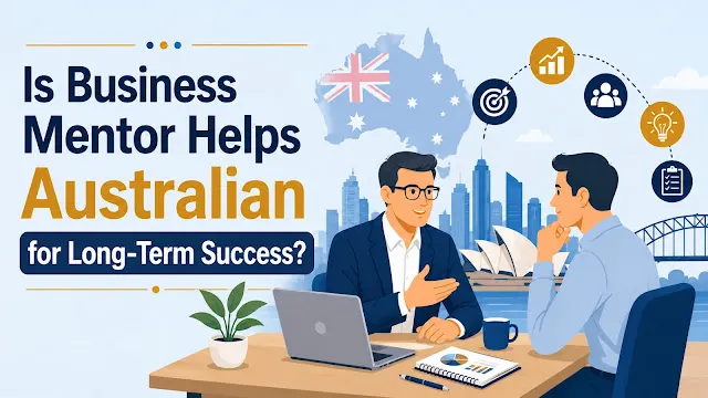 Illustrated Australian landscape with a winding growth path, milestone markers, and a guidance-inspired symbol representing long-term business mentoring and strategic success.