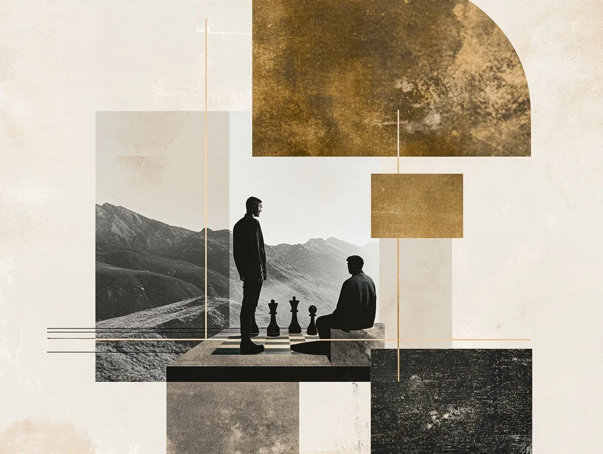 Two men playing chess in front of a landscape with mountains. Collage-style artwork made with Midjourney.