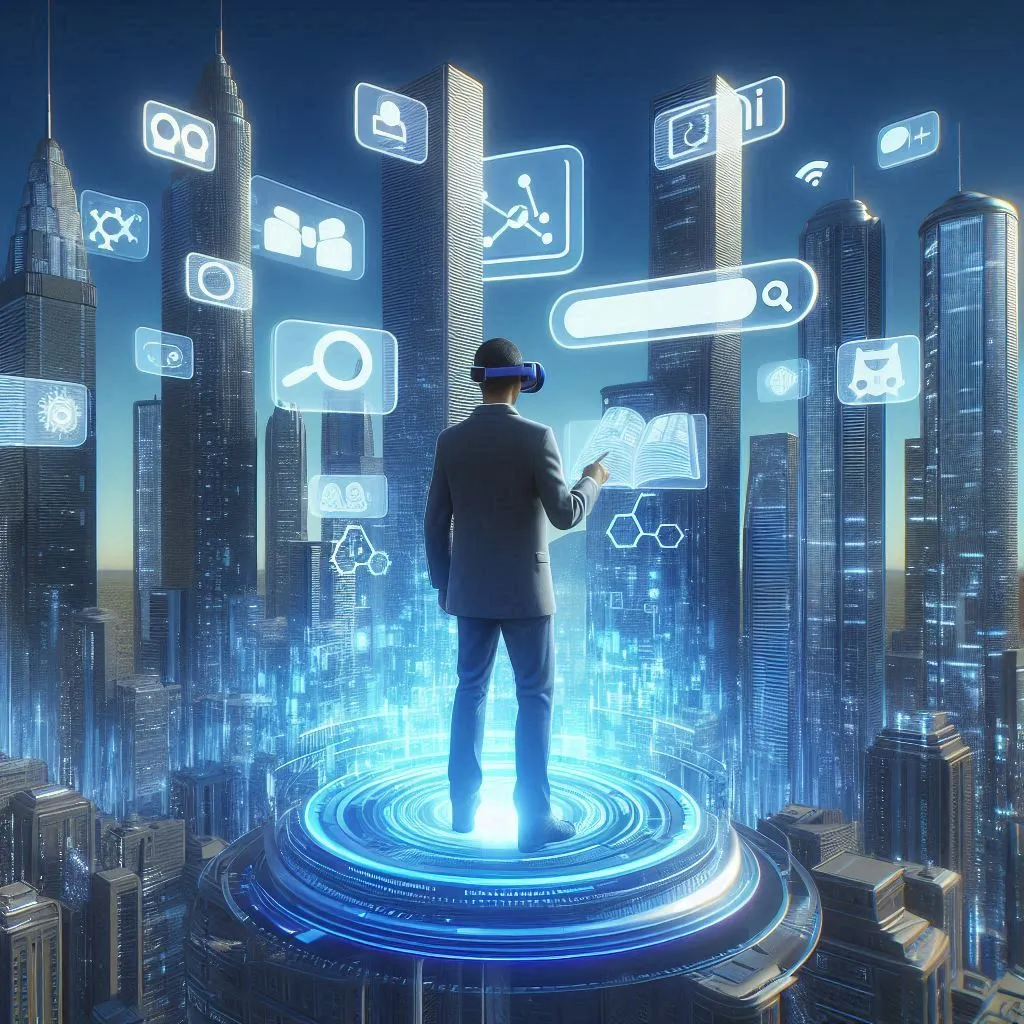 Futuristic cityscape with person manipulating holographic SEO and GEO elements