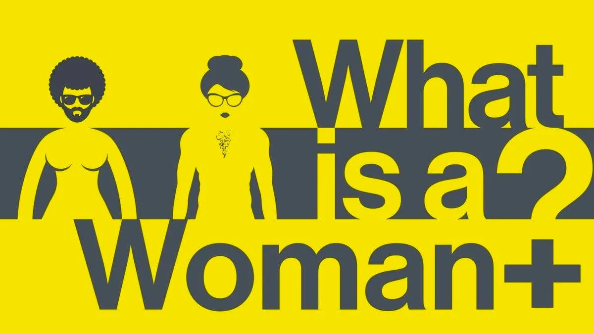 two illustrated characters on yellow background and dark grey text what is a woman?