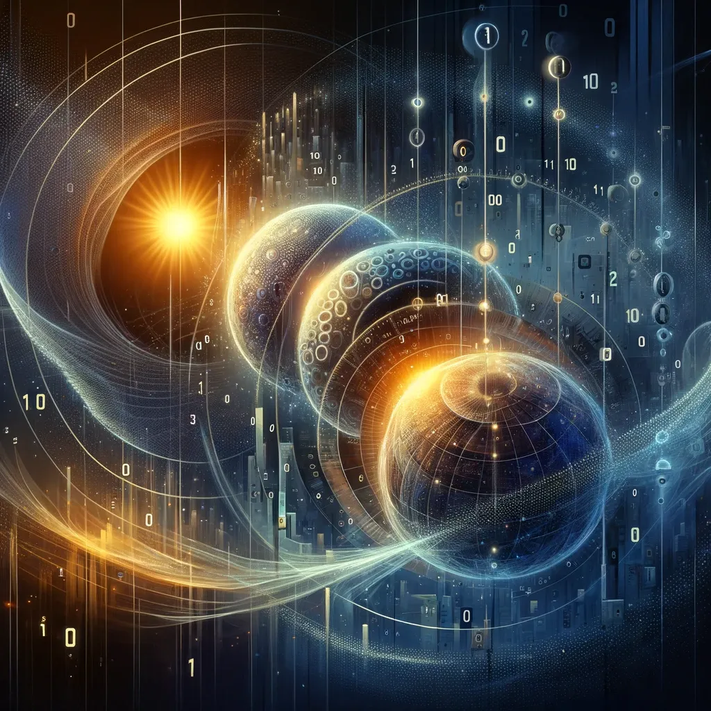 A conceptual digital artwork featuring three entangled spheres symbolizing the continuous calculation of new information received from the sun. The spheres are set against a dynamic background, intertwining light and darkness with abstract representations of binary code (ones and zeros), reflecting the theme ‘Shadowed Light: Blueprint of Creation’. The image evokes a sense of mystical depth and the profound interplay of time, light, and cosmic information.