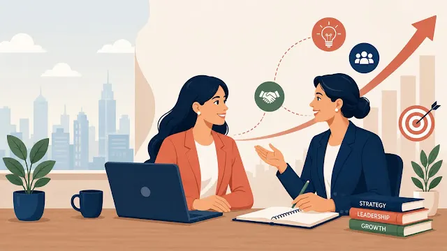 Business mentor and woman entrepreneur discussing strategy, goal setting, networking, and business growth in a modern office vector illustration.