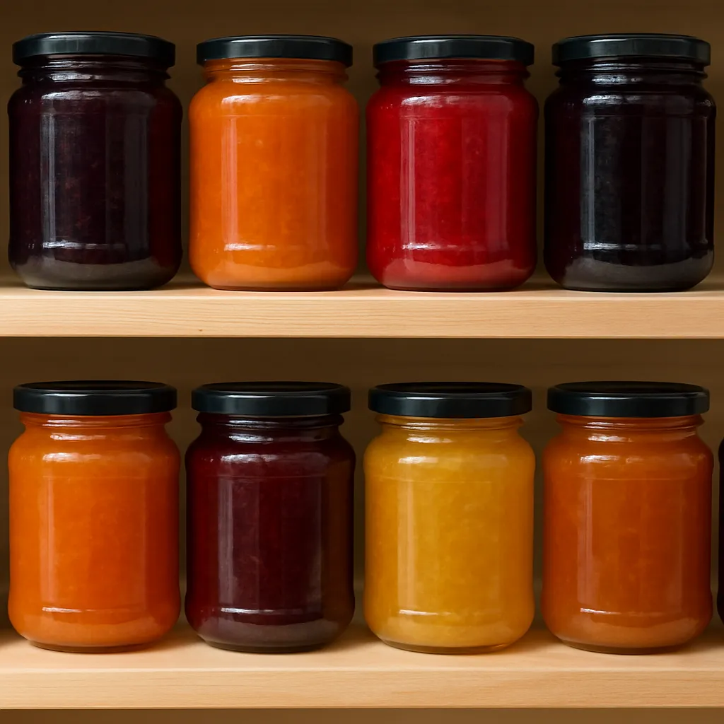 Two shelves of various coloured jams