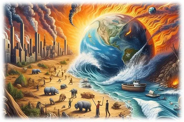 Illustration of Earth surrounded by tidal waves, pollution, animals and people