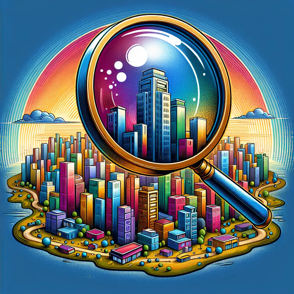 A magnifying glass hovers over a vibrant city skyline, zooming in on a single highlighted skyscraper.