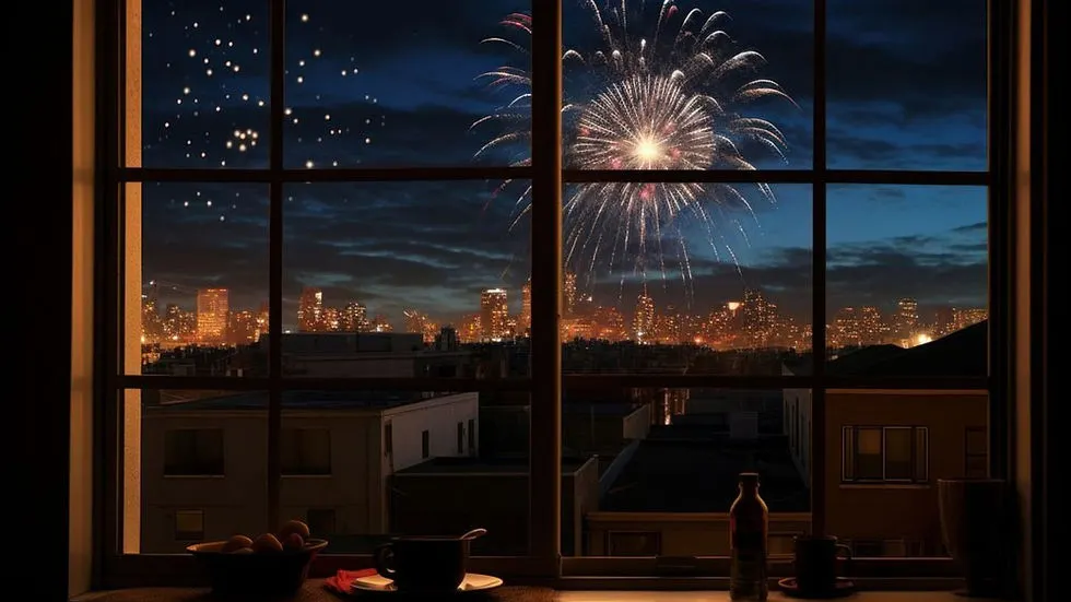 A nighttime city skyline seen through a window as fireworks burst in the sky, creating a reflective and optimistic New Year atmosphere.