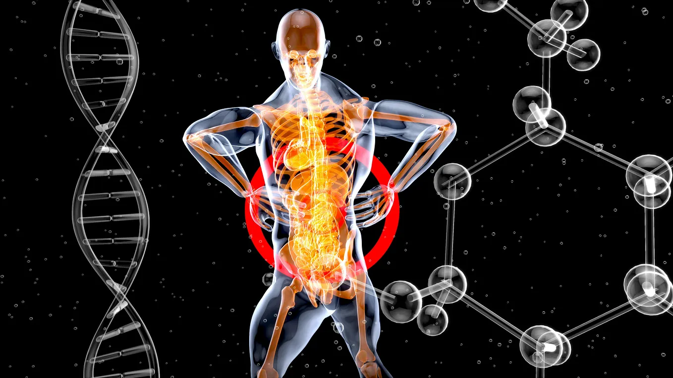 DNA patterns, cell patterns and an x-ray image of the human body.