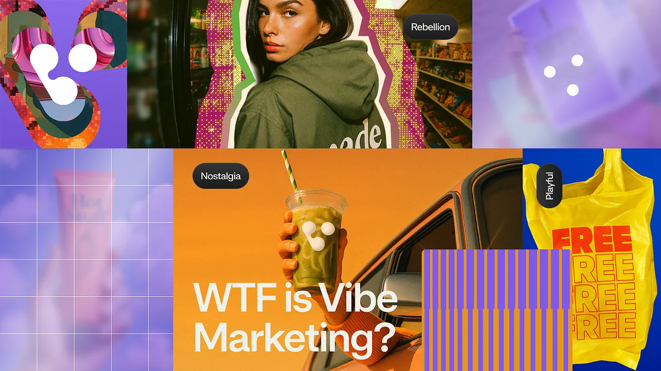 A vibrant collage showcasing various visual styles labeled with emotions or themes like “Rebellion,” “Playful,” and “Nostalgia.” The center features a hand holding a green drink in front of an orange background with the text “WTF is Vibe Marketing?” A woman in a hoodie, a yellow bag with bold “FREE” text, abstract graphics, and nostalgic product imagery all contribute to an energetic, retro-modern aesthetic.
