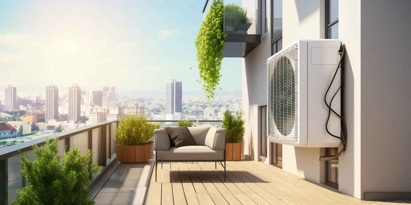 Midjourney generated image of heat pump on the balcony of a high-rise apartment