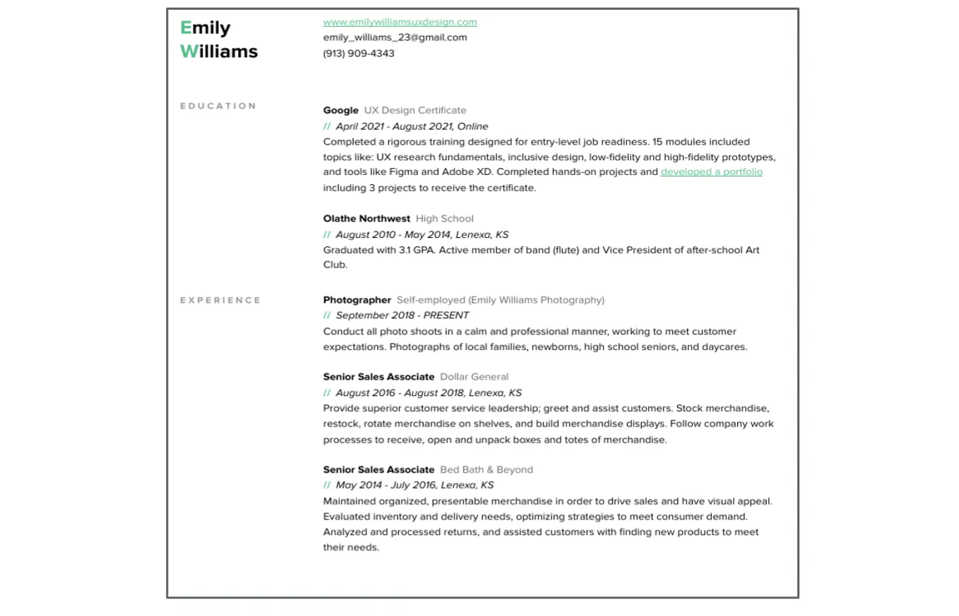 Elements in a typical UX design resume