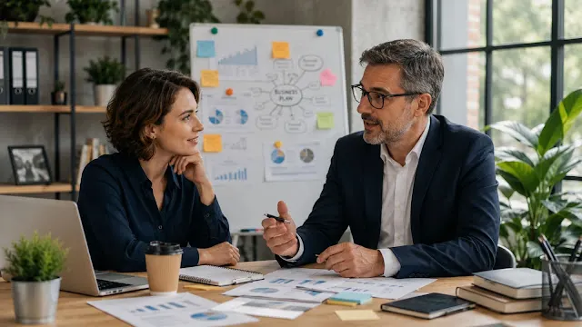 Business mentor discussing growth strategies and business planning with a small business owner