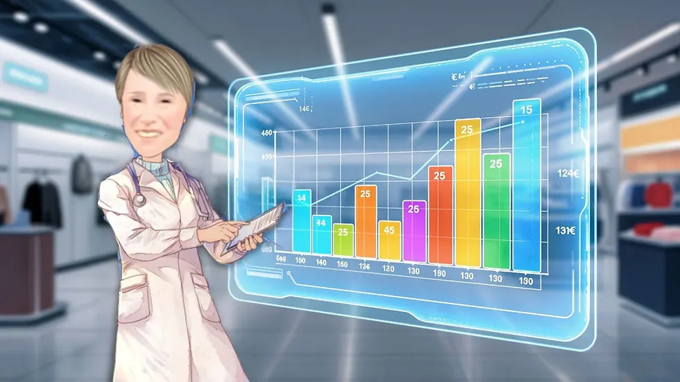 Cartoon doctor analyzing marketing performance data on a digital dashboard with bar charts and upward trends, representing strategic marketing diagnosis and growth.