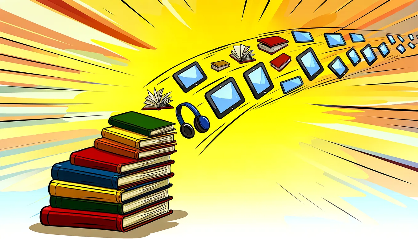 Image depicting an explosion of digital and print books