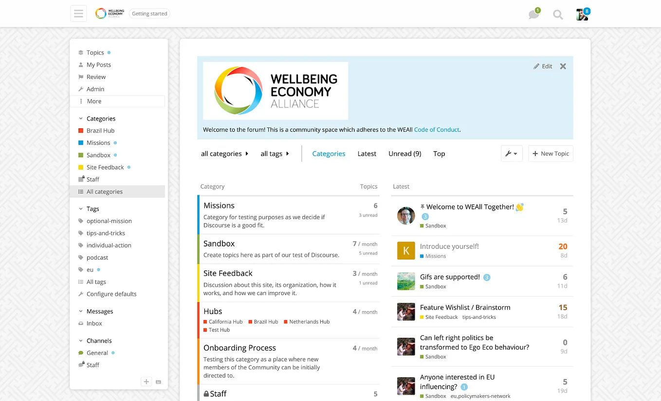 Screenshot of Discourse-powered WeAll community platform