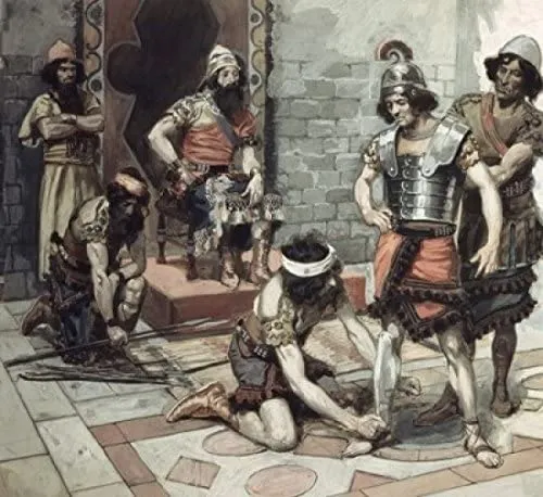 Illustration of David being fitted with King Saul’s armor before going to battle with Goliath the Philistine.