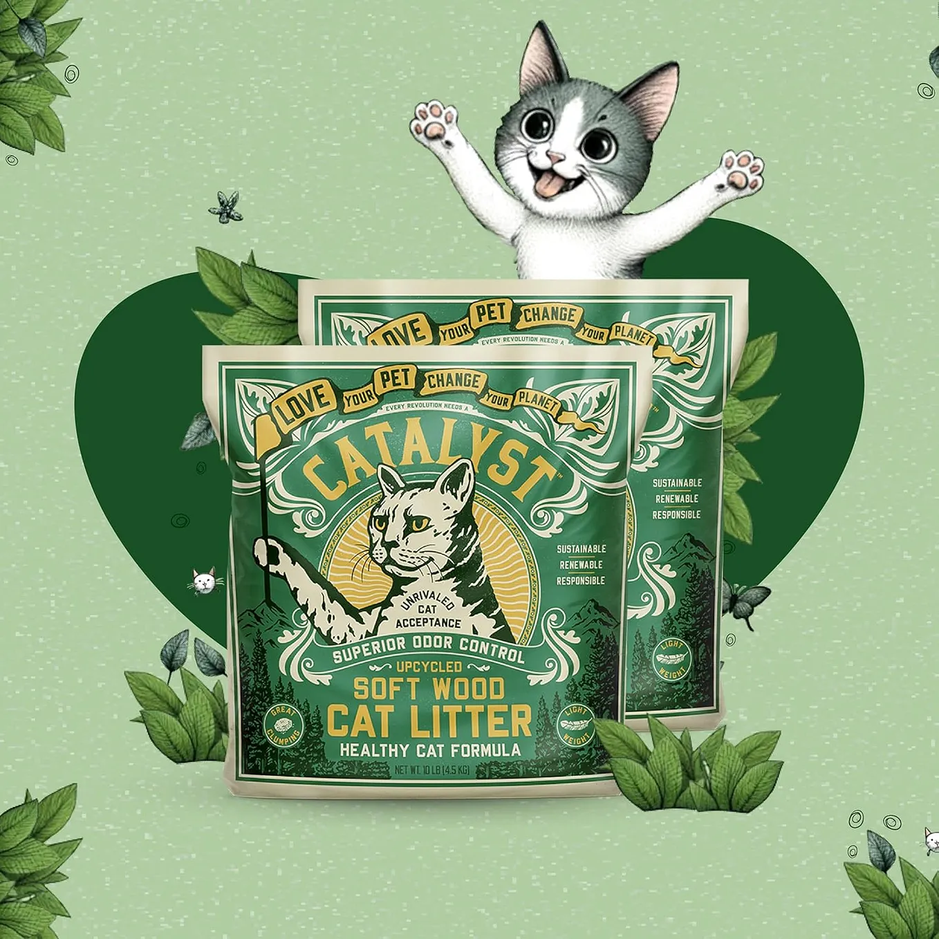 Catalyst Natural Soft Wood Cat Litter (2 Pack, 10lb Bags) - Superior Odor Control, Strong Clumping, Low Dust, and Biodegradable (10lb, Set of 2, Healthy Cat)