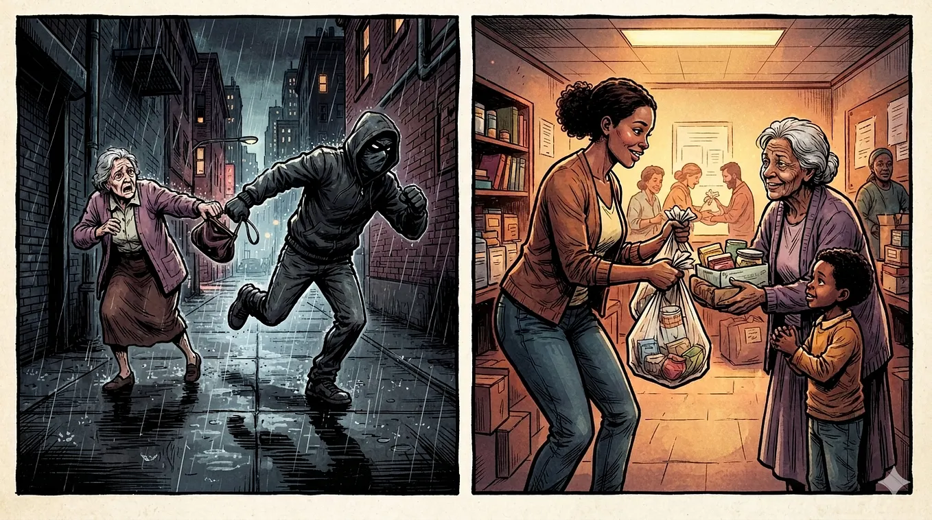 stealing on the left, helping widows and orphans on the right