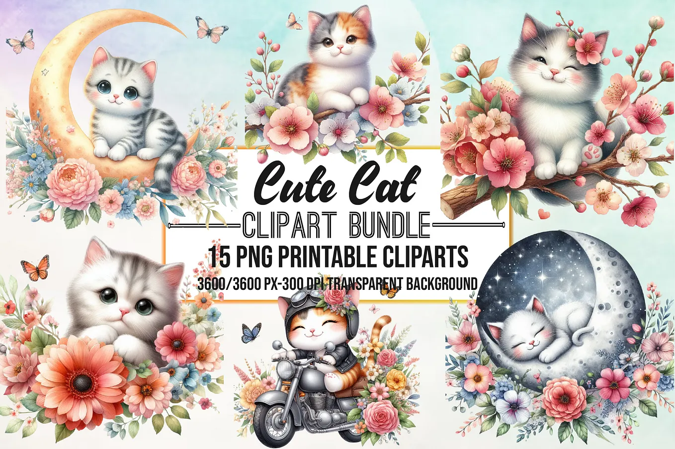 Watercolor Cute Cat Clipart Bundle