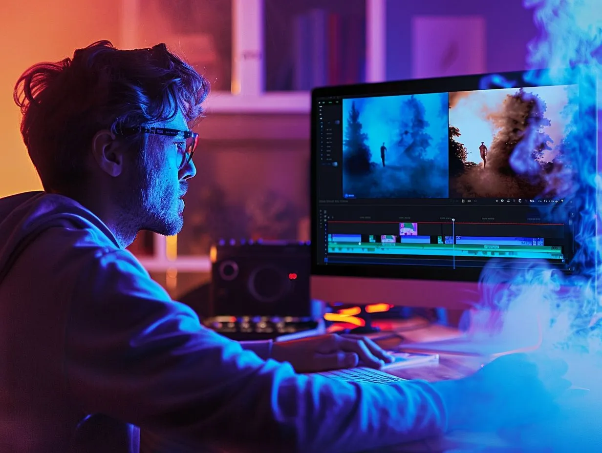 A male video editor working with clips on his computer.