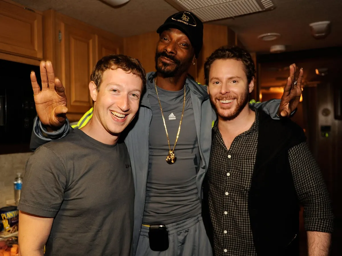 From left: Mark Zuckerberg, Snoop Dogg, and Sean Parker.